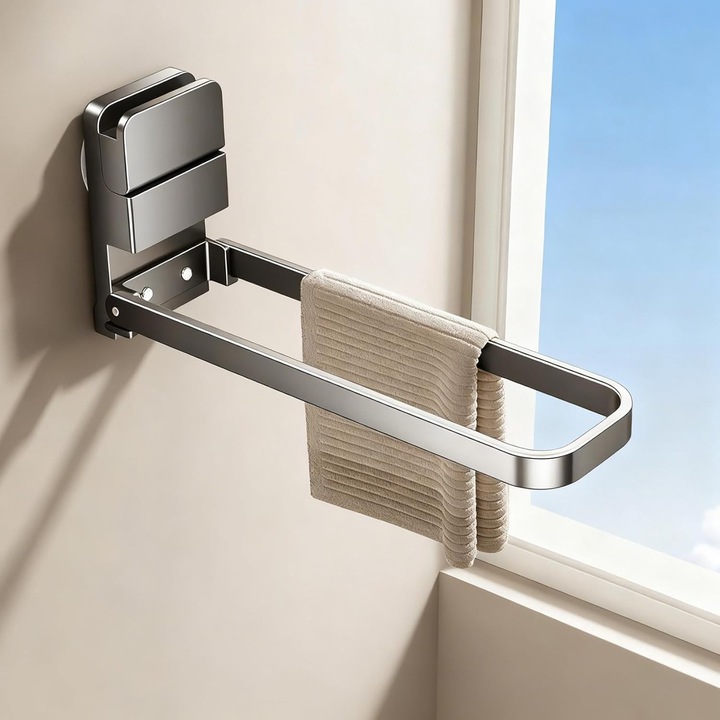 Suport pliabil pentru prosoape, design cu ventuze, material din fier de calitate, 22.4x11x6.2cm, gri