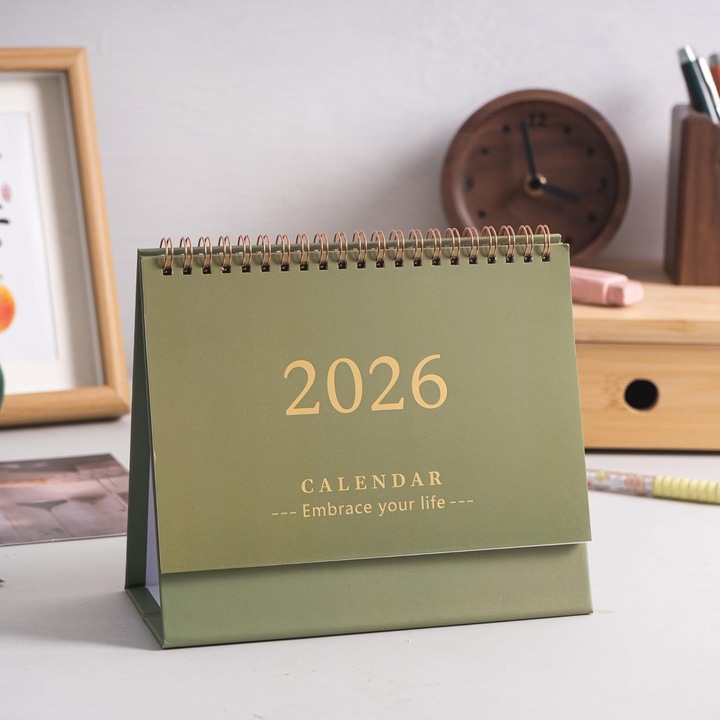 Calendar de birou 2025-2026, 19x16x8cm, design prietenos, legare dubla, verde