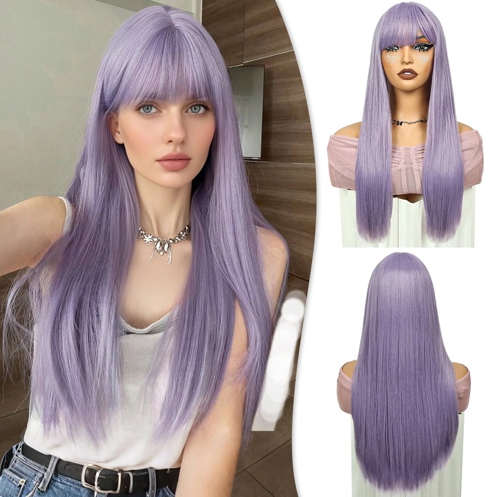 Peruca lunga violeta pentru femei, par drept, cu breton, din fibra sintetica rezistenta la caldura