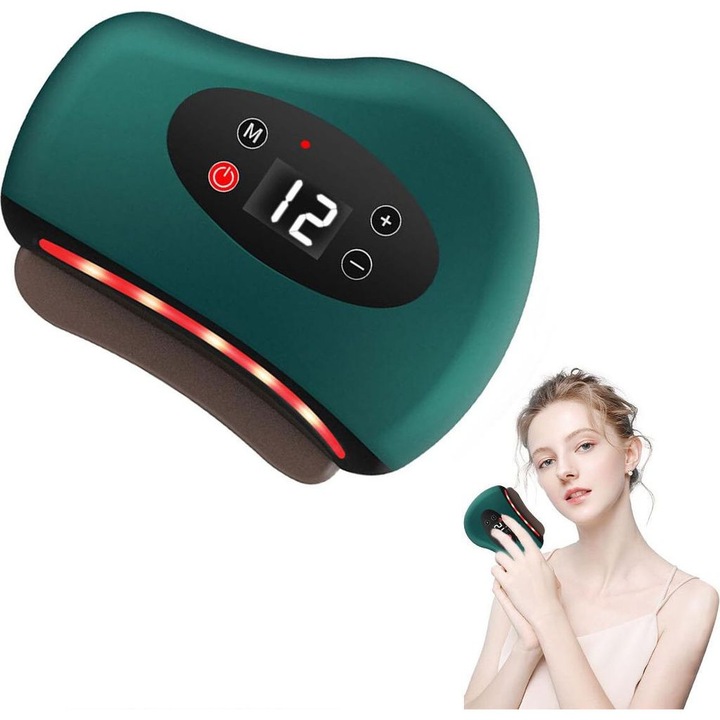 Masajer electric Gua Sha, 12 optiuni de masaj, piatra naturala Gua Sha, multifunctional, pentru fata, gat, spate, umeri, abdomen, picioare, coate