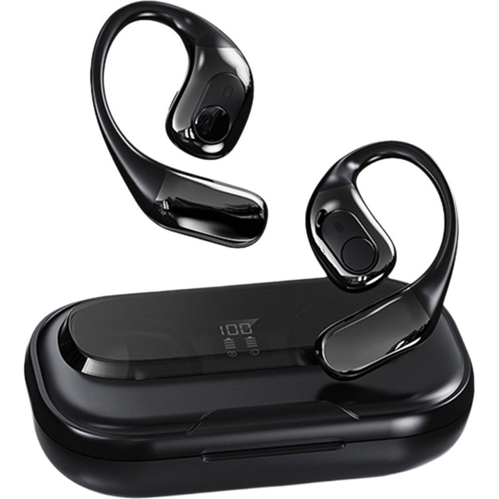 Traducator de limba tip casti, suporta 138 limbi, traducere wireless Bluetooth bidirectionala, 3 moduri de traducere, carcasa de incarcare neagra.