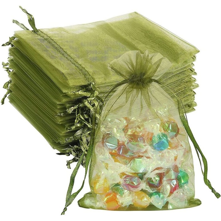 Set 100 pungi organza, 15x20cm, cu snur, pentru bijuterii, cadouri, decorari petreceri