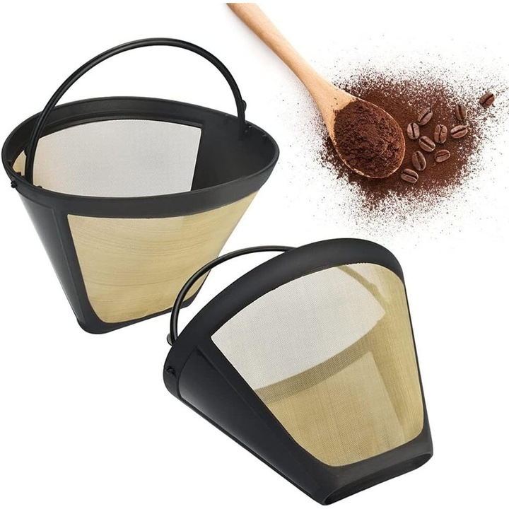 Set de 2 filtre de cafea reutilizabile, filtru permanent, plasa din otel inoxidabil, dimensiune 4, 120x87mm, pentru 8-12 cesti de cafea
