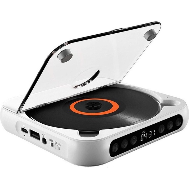 Player CD portabil Bluetooth, suport USB-C, design subtire, alb, set multifunctional