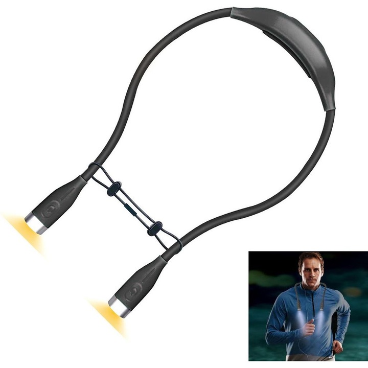 Lampa LED portabila pentru gat, 3 moduri de iluminare, neagra, design flexibil