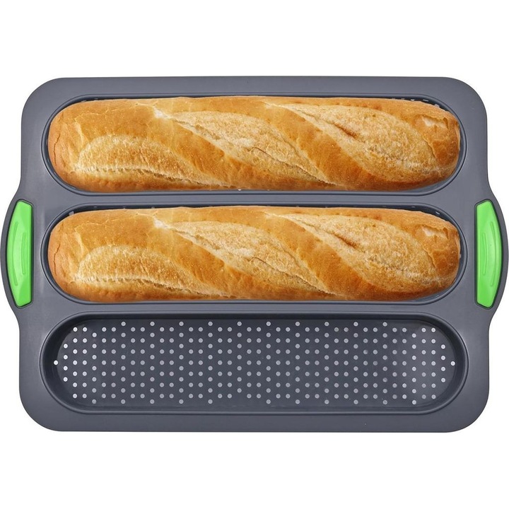 Tava de copt pentru baghete, 34x23x2.5cm, silicon, design cu fund ondulat, rezistent la temperaturi de -40C la 230C