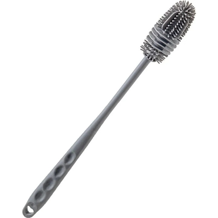 Perie de sticla din silicon cu maner lung, gri, pentru curatarea sticlelor si paharelor