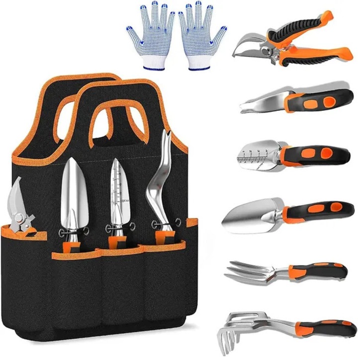 Kerti szerszámkészlet 8 részes, ergonomikus, rozsdamentes acélból, tárolótáskával