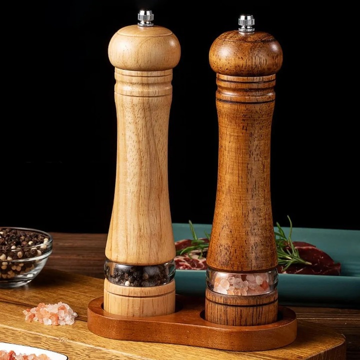 Rasnita condimente, set 2 piese, mecanism de macinare ceramic, dimensiune 20x8cm, lemn de cauciuc, transparent