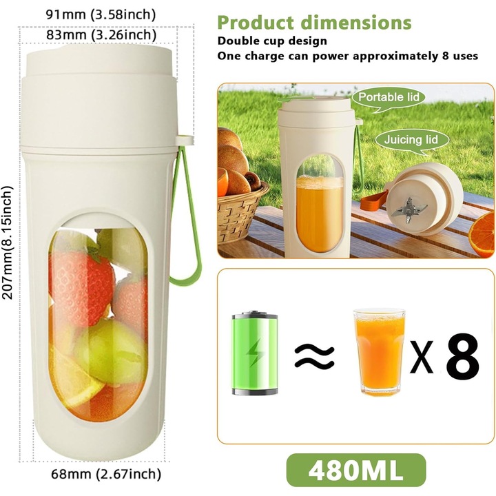 Blender portabil, 450ml, 12 lame din otel inoxidabil, design cu doua capace, 1500mAh, verde