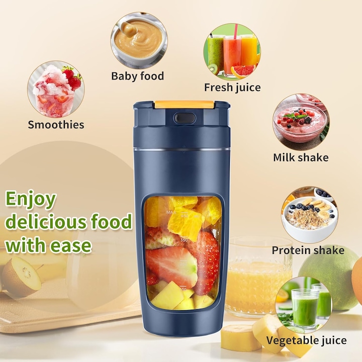 Blender portabil, mini blender cu 16 lame, display digital, USB reincarcabil, 500ml, violet