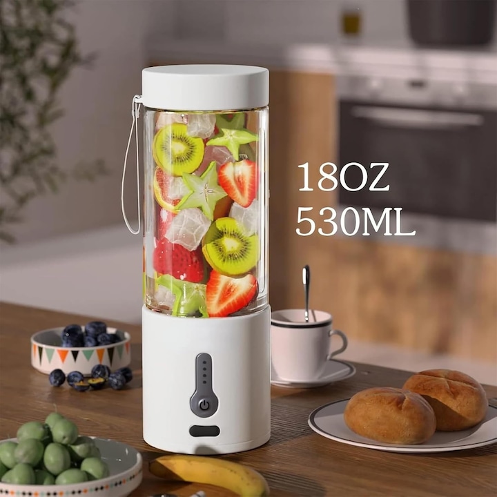 Blender portabil, 450ml, 12 lame din otel inoxidabil, design cu doua capace, 1500mAh, verde