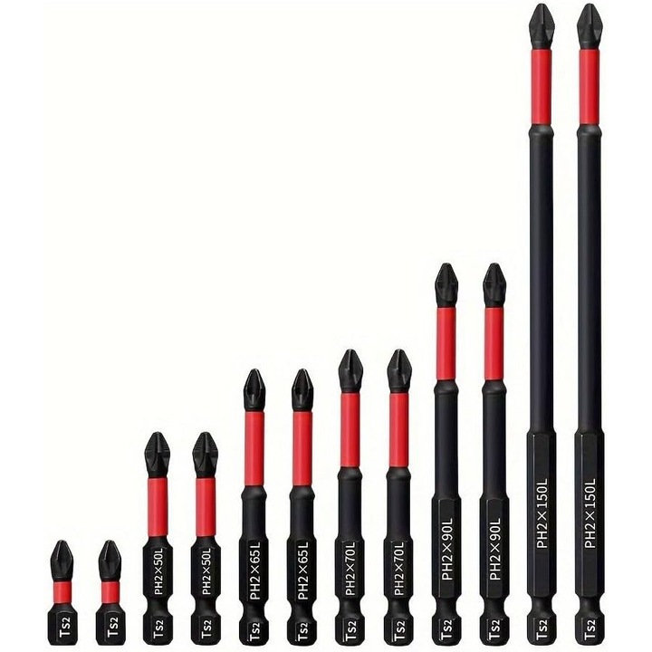 Set de 12 biti magnetici anti-alunecare, S2, hexagonal, 1/4 inch, diverse lungimi, pentru gaurire si insurubare