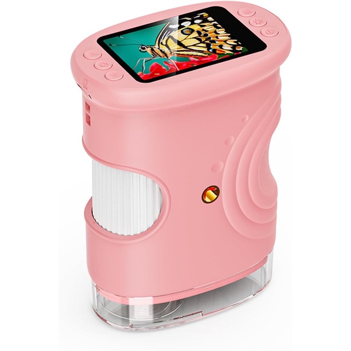 Microscop digital pentru copii, 1000x magnificatie, ecran HD de 2 inch, portabil, 10.5x8x5cm, roz