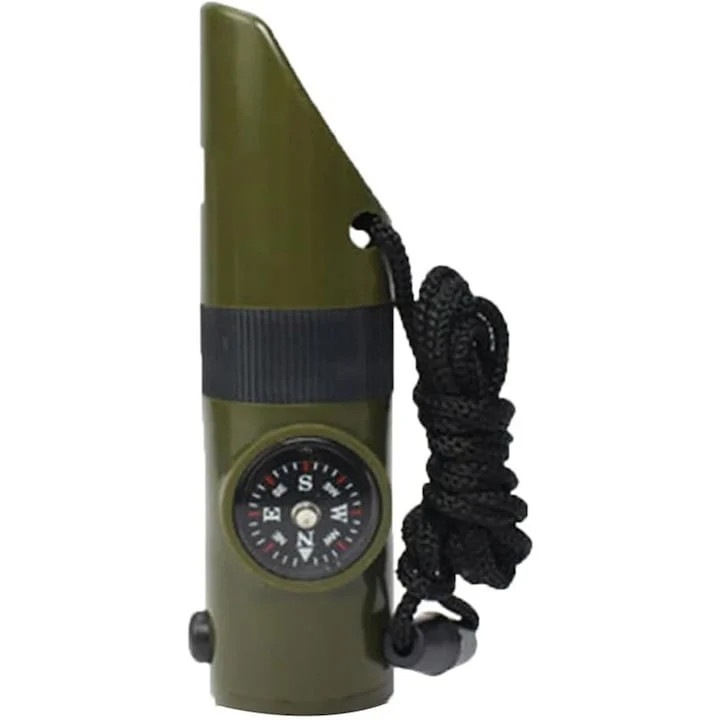 Fluier 7 in 1, multifunctional, lupa, lanterna LED, busola, oglinda, termometru, compartiment depozitare, ABS, pentru camping, drumetii, verde, Dactylion®