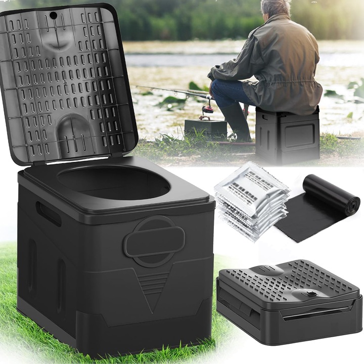 Set Toaleta portabil pliabil, Toaleta mobila montata pe vehicul, cu capac, Pliabila, Multifunctionala, Usor de curatat, Material PP, 20L, Pana la 150kg, cu saci de gunoi si sac de transport,12 pachete de intaritor, pentru Camping, Rulote, Cabane, Pescari