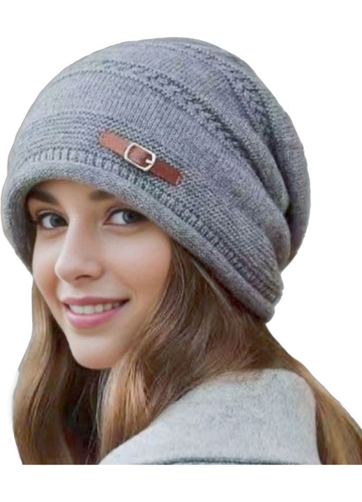 Caciula tricotata pentru femei, calduroasa, elastica, gri, 56-58 cm