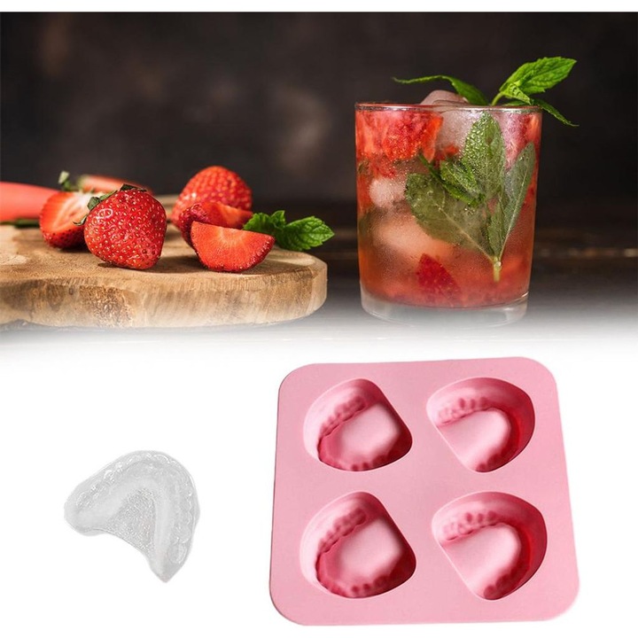 Tava pentru cuburi de gheata din silicon, forma dinti, 4 cuburi, rezistenta la masina de spalat, multicolor