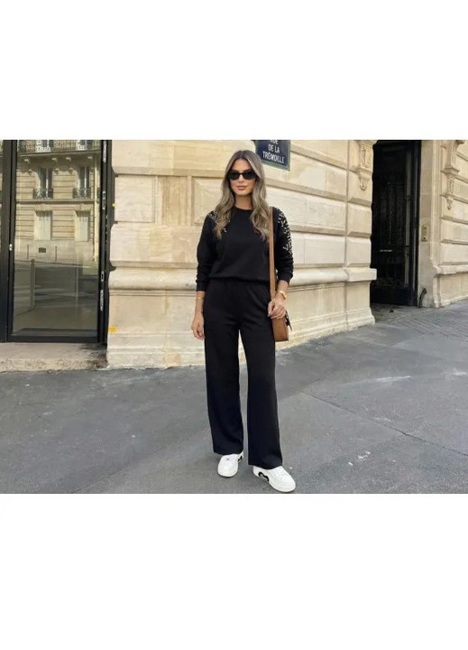 Compleu Dama, Negru, 36 Eu, Casual Elegant 2 Piese – Set Bluza cu Aplicatii + Pantaloni Lejeri