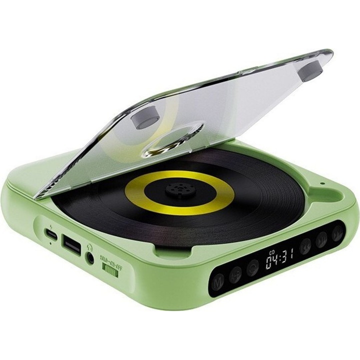 Player CD portabil Bluetooth cu incarcare rapida Type-C, suporta formate MP3/WMA, verde, 13.5x13.5x2.5cm