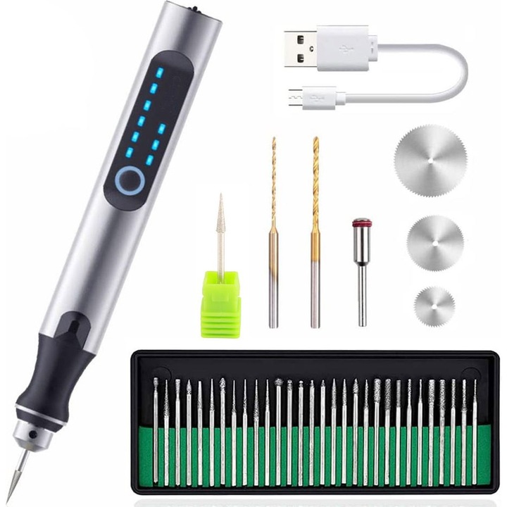 Set de unelte electrice de gravare, argintie, 12x2x2cm, cu control al vitezei