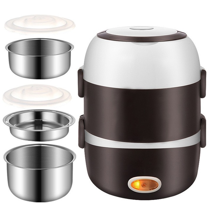 Cutie alimentara electrica cu doua straturi, 2 litri, incalzitor portabil de alimente, oala de orez mini, culoare cafea