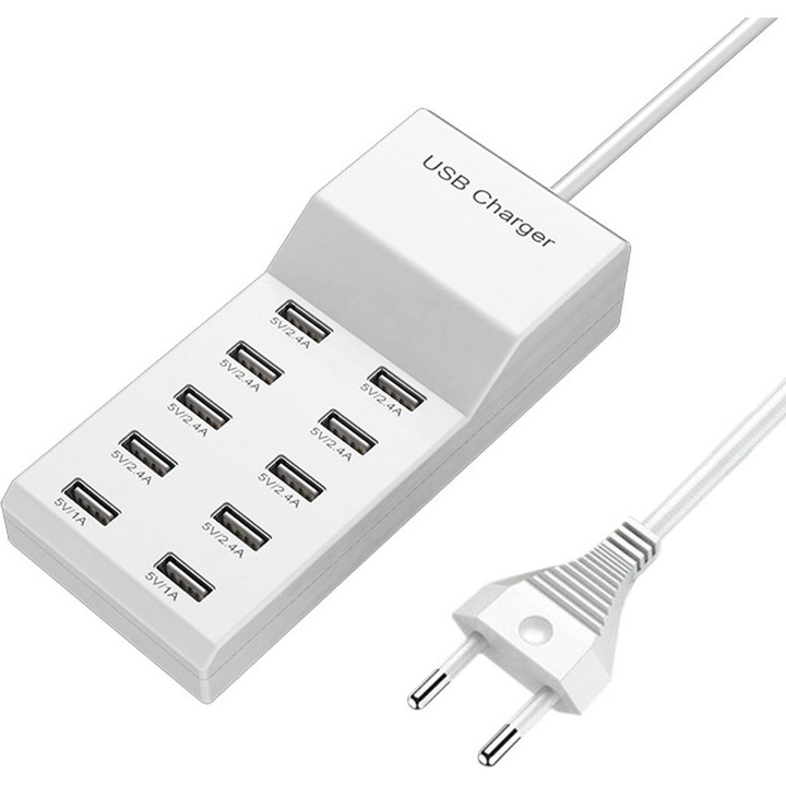 Statie de incarcare USB, 10 porturi, design compact, alb, 13.5x8x3.5cm