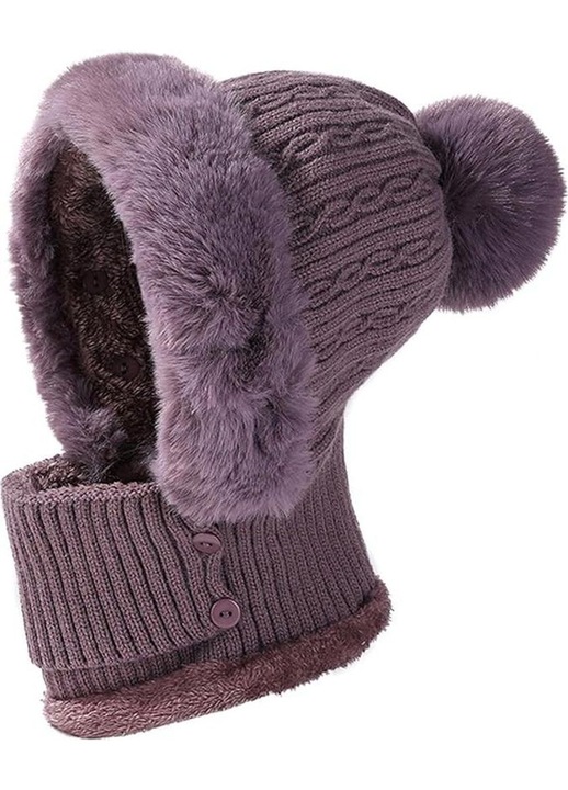 Caciula tricotata pentru femei, cu fular, captuseala din fleece, violet, dimensiune unica 55x59cm