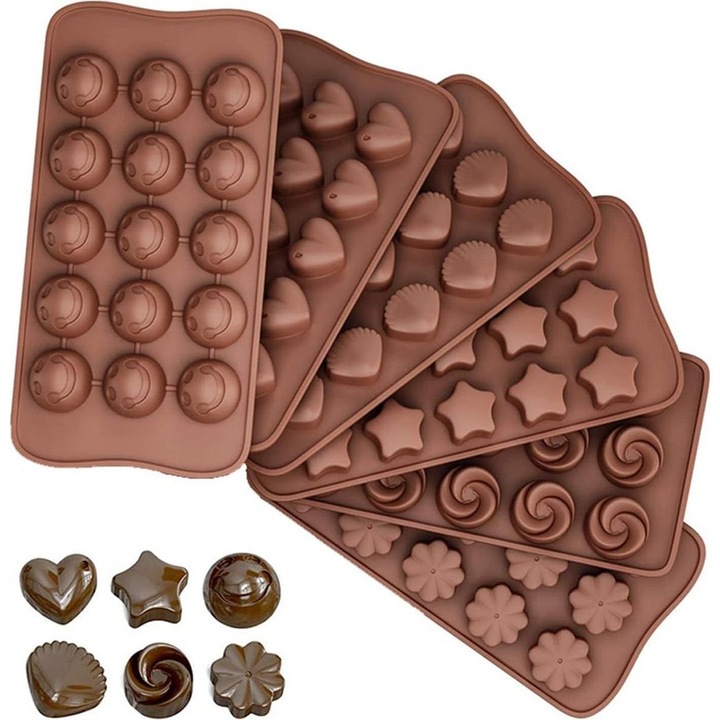 Set 6 forme de ciocolata din silicon, forme diverse, 21x10x1.5cm, reutilizabile, rezistente la temperaturi extreme