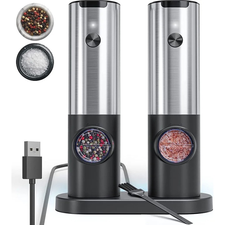 Set rasnite electrice pentru sare si piper, inox, dimensiune reglabila, baza reincarcabila, lumina LED