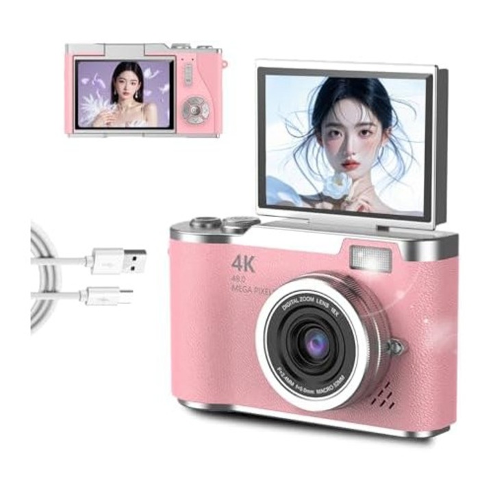 Camera digitala compacta 48MP, 4K, cu ecran rabatabil, roz, set complet cu card de memorie 32GB