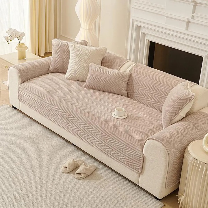 Husa canapea din catifea cristal, non-alunecare, 70x180 cm, bej, pentru canapele cu 2, 3 si 4 locuri