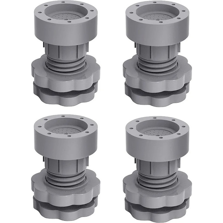 Set de 4 picioare anti-vibratie pentru masini de spalat, ajustabile pe inaltime, antiderapante, absorbtie socuri, reducere zgomot, dimensiuni variate.