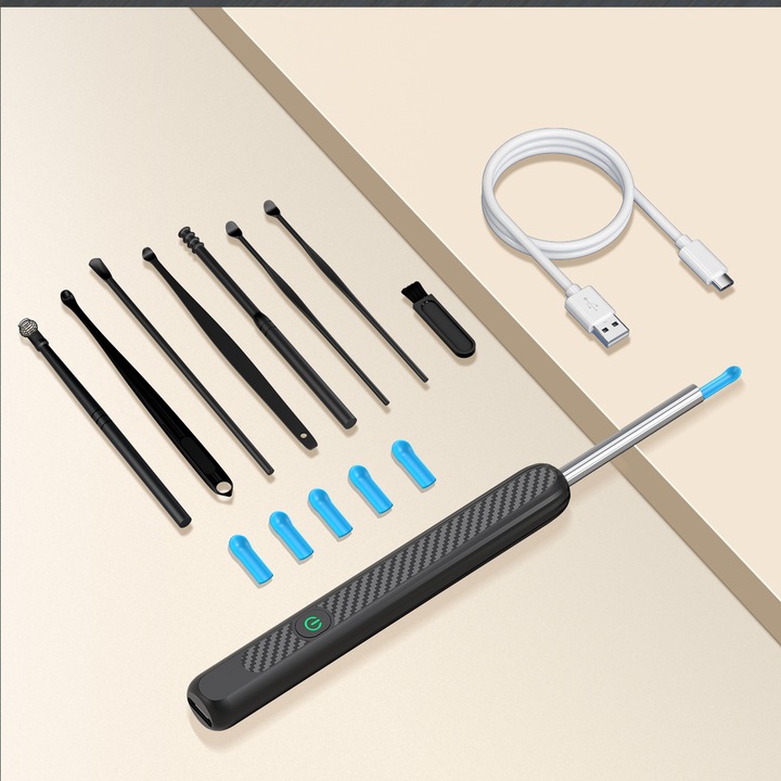 Dispozitiv de curatare a urechii C9, iluminat, WIFI, waterproof IPX7, negru