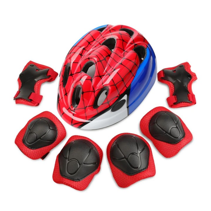 Costum de protectie 7 in 1 copii, Batman, rosu, marime S, set complet