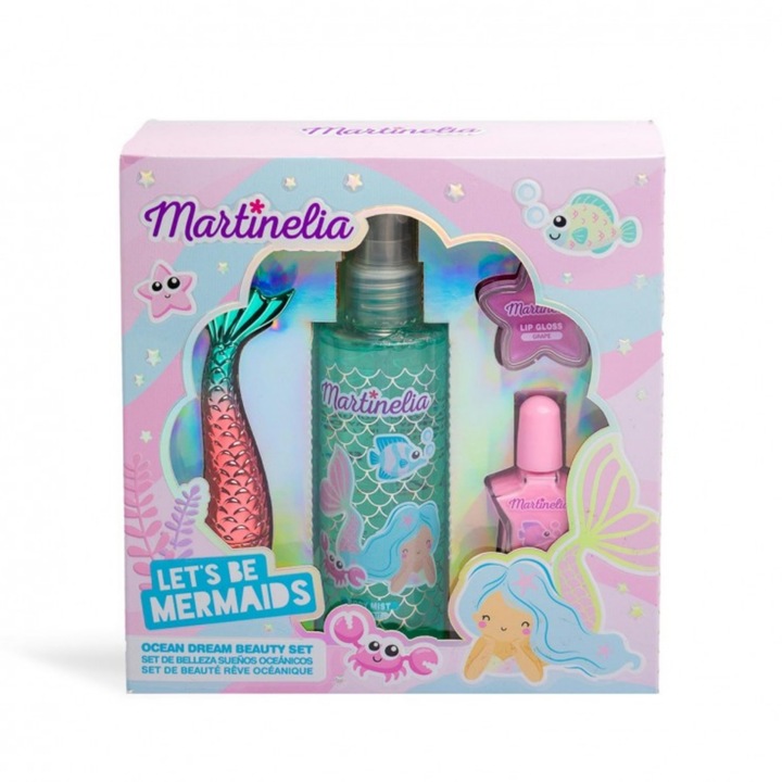 Set cosmetice Martinelia Let's Be Mermaids, luciu de buze, lac de unghii, spray de corp, multicolor, 16x16x4cm