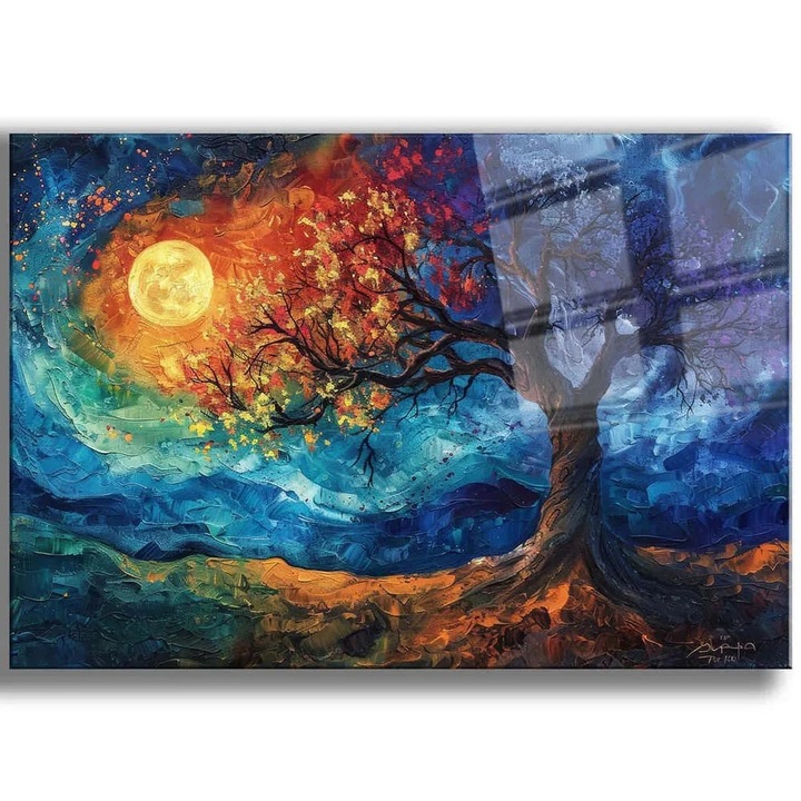 Tablou decorativ Re-Bloom, model copac, sticla securizata, multicolor, 100 x 70 cm