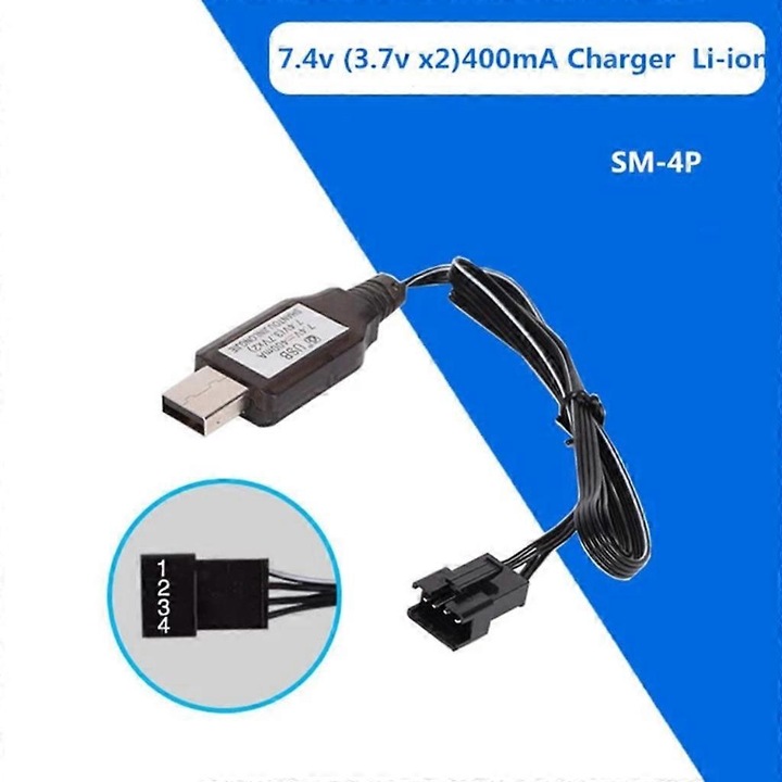 USB töltőkábel Li-ion akkumulátorokhoz, 7.4V 3.7V x2, 400mA, 63mm