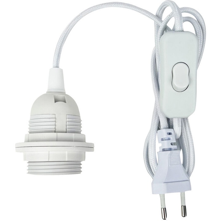 Cablu textil alb preinstalat E27, soclu filet, cu 2 inele, accesorii corpuri de iluminat