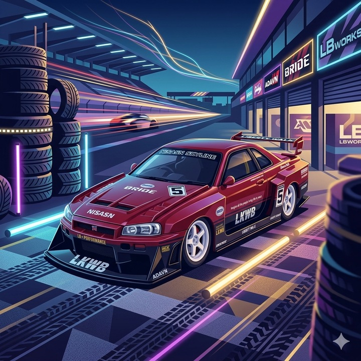 Gyűjtői autómodell, Die-Cast, 1:24 méretarány - Nissan Skyline GT-R R34 "Liberty Walk" - Edition Racing No. 23 (Hang, Fények, Felfüggesztés, Visszahúzás), Piros