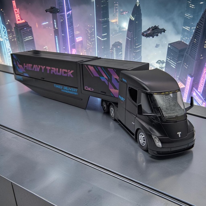 Macheta Camion Tesla Semi - Cap Tractor cu Remorca, 1:32, Negru, 35 cm (Lumina, Sunet, Pullback, Functii Complete)