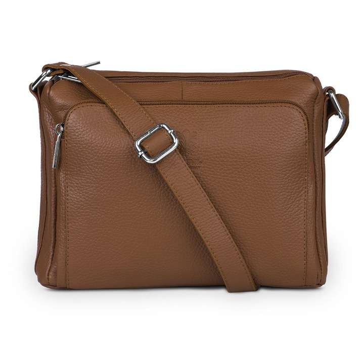 Geanta de mana Vera Pelle, piele de vaca italiana, 2 compartimente, 3 buzunare, culoare Koniak