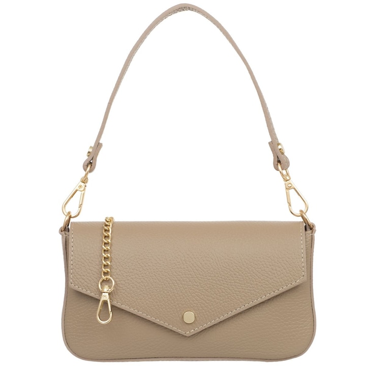 Kaletnik bőr kézitáska, bézs, arany kiegészítőkkel, merev aljjal