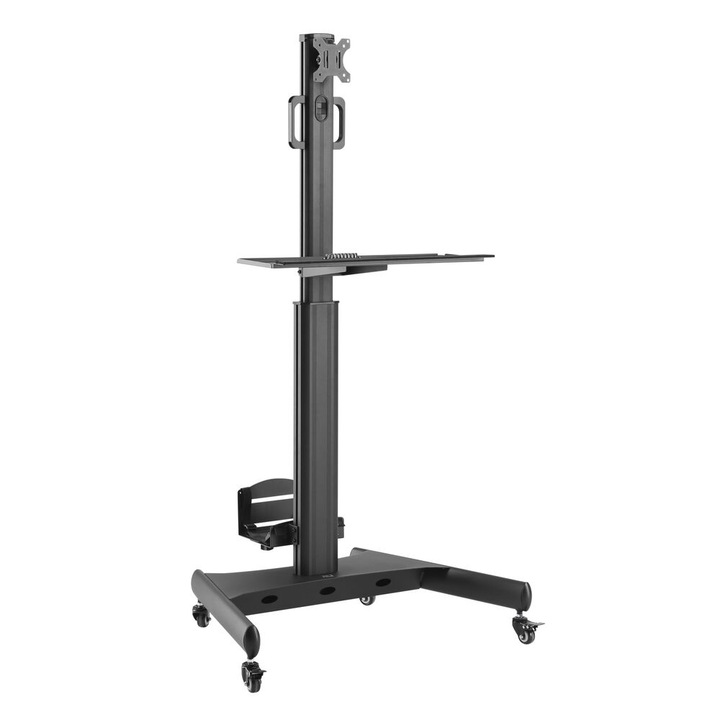 ACT AC8374 mobil munkaállomás egyetlen monitorhoz, CPU-rögzítéssel, billentyuzettel és egértálcával max 32"-os kijelzőig 8 kg terhelhetőség fekete
