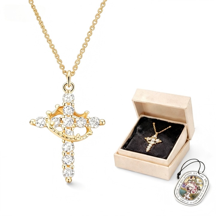 Colier elegant cu pandantiv cruce placat cu aur 14K, zirconii, 45+5 cm, auriu, set cu cutie cadou si pastila aromaterapie