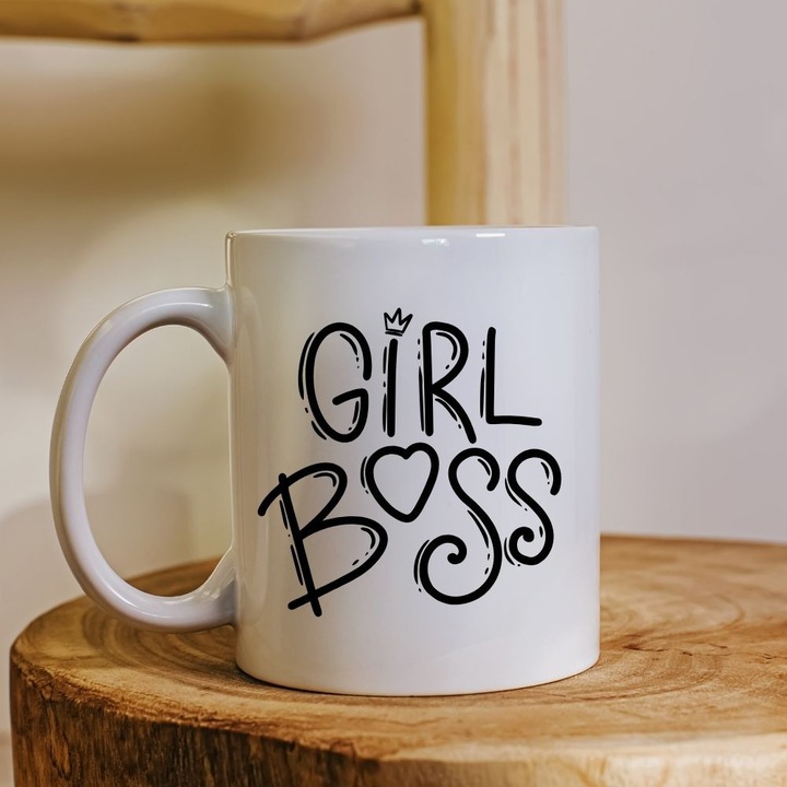 Cana „Girl Boss” – Design modern alb-negru, cadou motivational pentru femei puternice