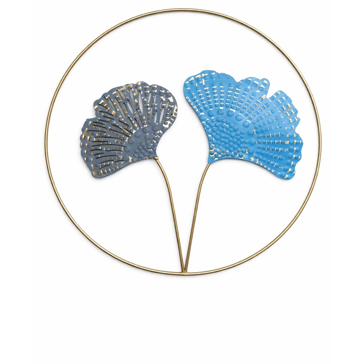 Tablou decorativ metalic, Design frunze Ginkgo, Decor perete modern living/dormitor, 38cm, Auriu/Albastru
