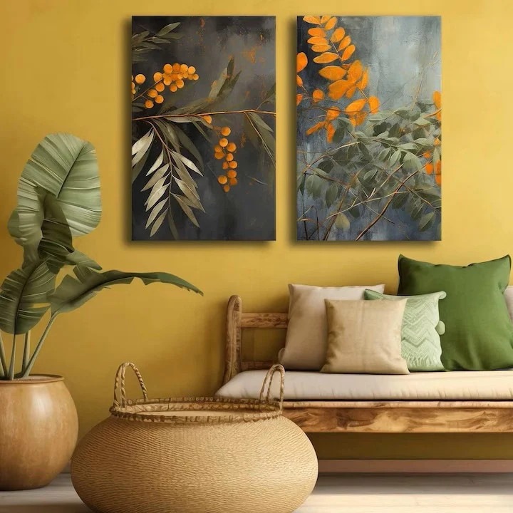 Set tablou decorativ Re-Bloom, 2 piese, model floral, lemn/panza, verde/albastru/portocaliu, 45 x 70 cm