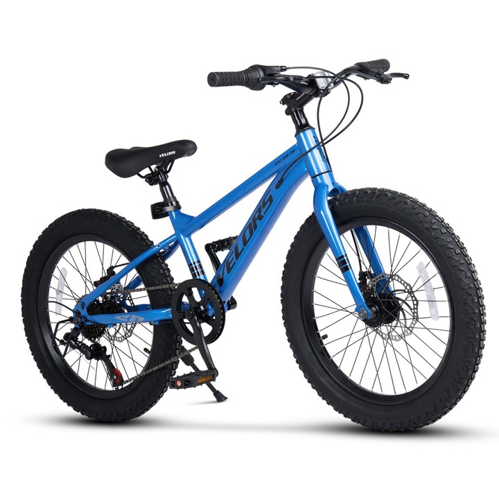 Bicicleta MTB de munte Velors BigOne JSX24272, cadru cu cabluri integrate, echipare Shimano, roata 24 inch balon lat 3.0, frana pe disc, 7 viteze, albastru cu negru