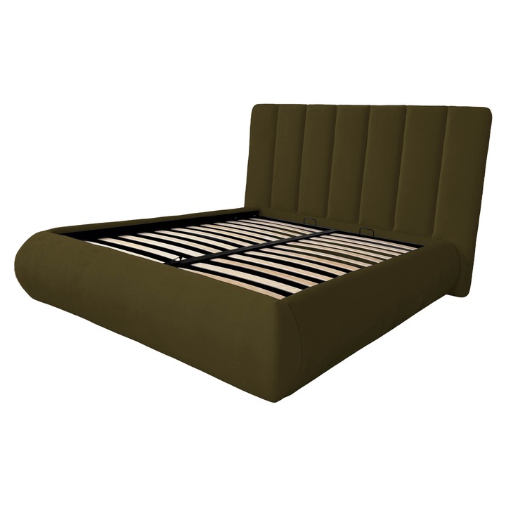 Pat tapitat, cu spatiu de depozitare si somiera rabatabila, Oro, verde olive, R36, 140x200 cm